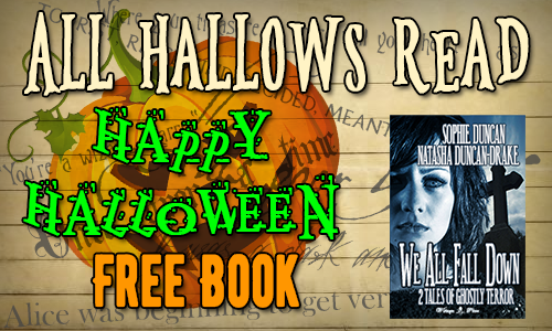 All Hallows Read, Happy Halloween! Free Book, over a pumpkin and lost of writing.