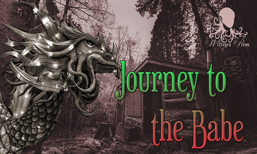 A dragon in front of a small wooden house with the words "Journey to the Babe" over the top