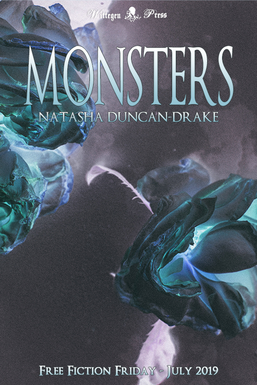 Inverted images of dead roses in purples and blues with the title "Monsters" over the top